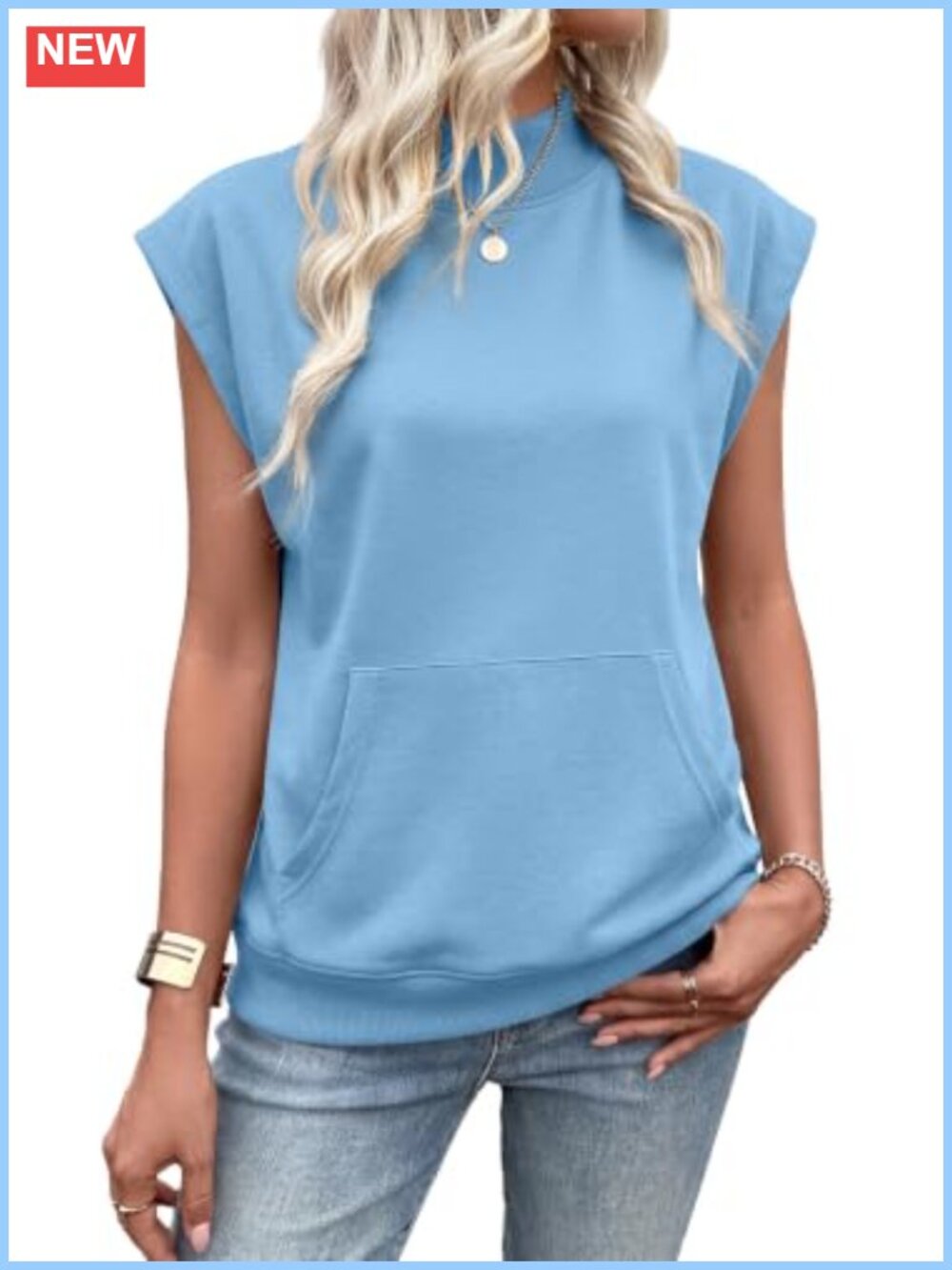 Sweatshirt Pullover Cap Sleeve Mock Neck Pocket Knit Top